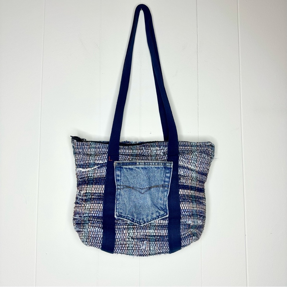 Handmade Denim Blue Jean Shoulder Woven Bag Purse, Boho Hippie It’s a Linda